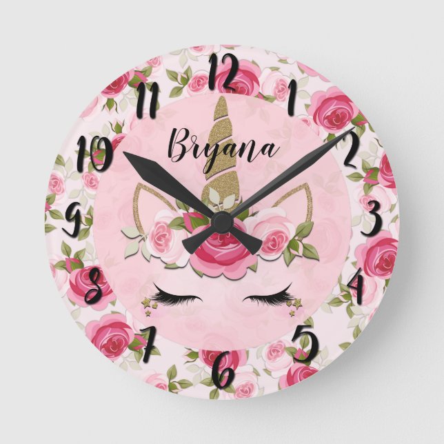 Horloge Ronde Chambre tendance licorne or rose florale (Recto)