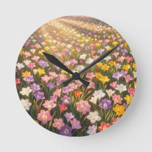 Horloge Ronde Champ de fleurs de lys arc-en-ciel vibrant
