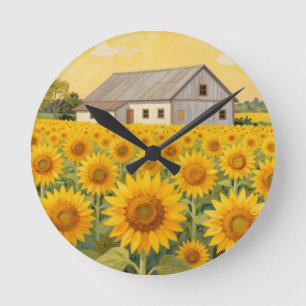 Horloge Ronde Champ de Tournesols Paysage Rustique de Grange