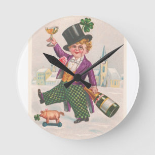 Horloge Ronde Champagne vintage Shamrock Jour de la Saint Patric