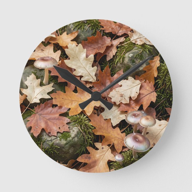 Horloge Ronde Champignons de sol de forêt automnale Mousse Feuil (Recto)