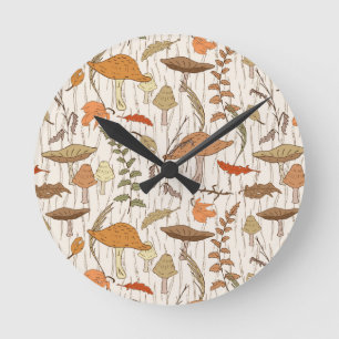 Horloge Ronde Champignons et Feuilles d'automne - motif sans sou