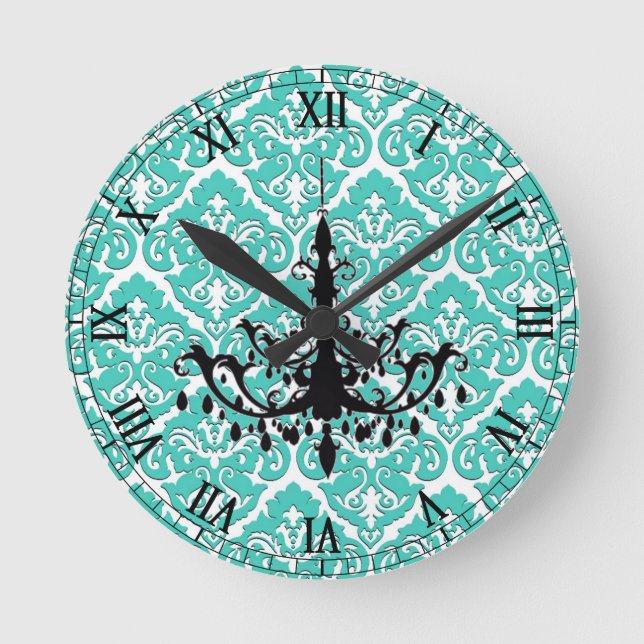 Horloge Ronde Chandelier turquoise Damas noir (Recto)