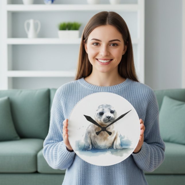 Horloge Ronde Charmant chiot phoque à l'aquarelle (Créateur téléchargé)