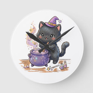 Horloge Ronde Charmante Sorcière Le Chat Noir Brasse une Potion