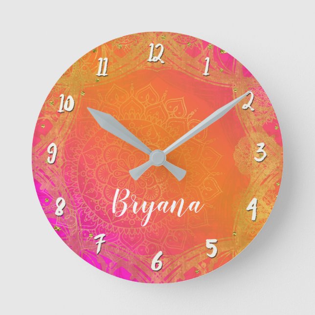 Horloge Ronde Charme indien rose fuchsia de mandala d'orange et (Recto)
