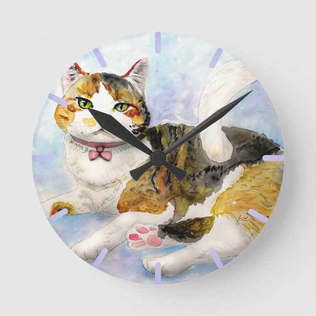 Horloge Ronde Chat aquarelle (Recto)
