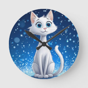 Horloge Ronde Chat blanc charmant aux grands yeux bleus