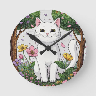 Horloge Ronde Chat blanc dans un jardin coloré