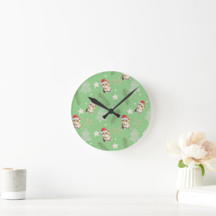 Horloge Ronde Chat chaton chaton couleur vert Père Noël Joyeux N