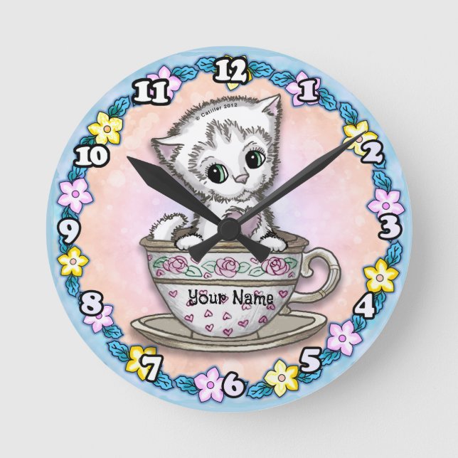 Horloge Ronde Chat Chaton Tasse à Thé (Recto)