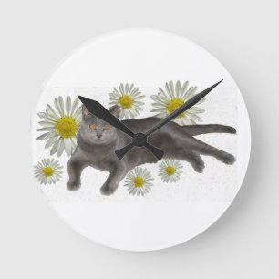 Horloge Ronde Chat de Chartreux avec des marguerites