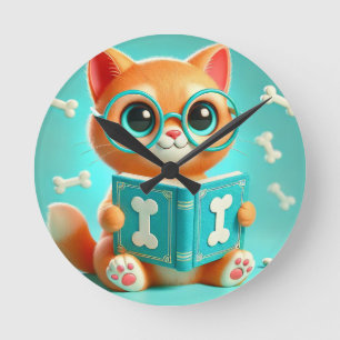 Horloge Ronde Chat de dessin animé adorable lisant un livre