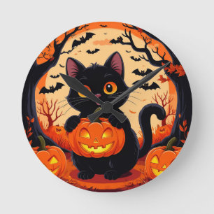 Horloge Ronde Chat de dessin animé et citrouilles sous la pleine