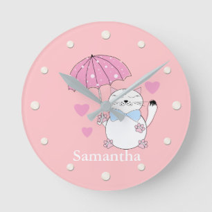 Horloge Ronde Chat de dessin animé mignon avec parapluie