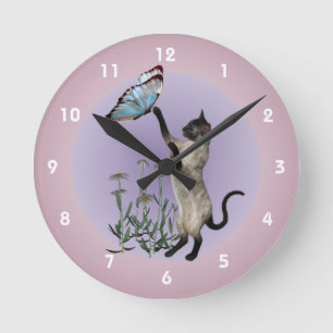 Horloge Ronde Chat de Siamese avec Bleu Papillon Animal