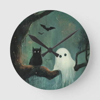 Horloge Ronde Chat d'Halloween et fantôme
