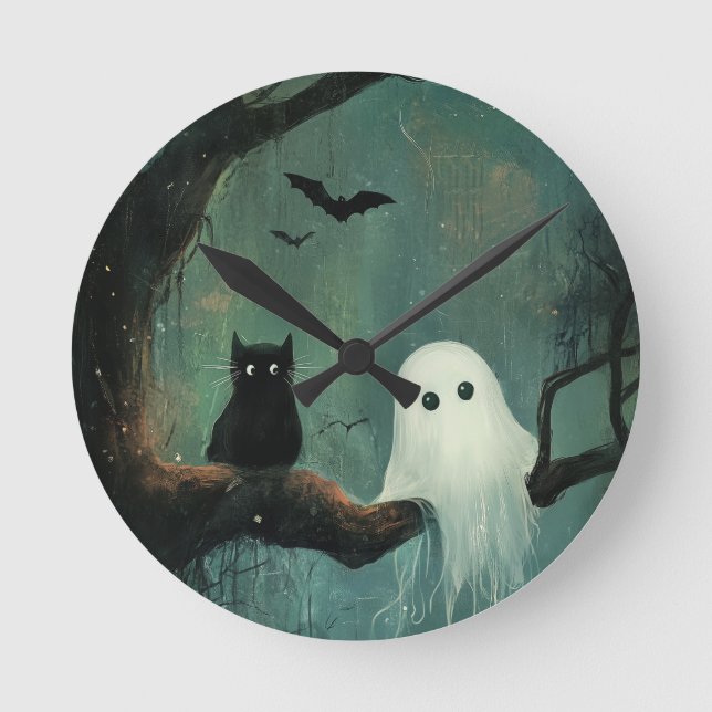 Horloge Ronde Chat d'Halloween et fantôme (Recto)