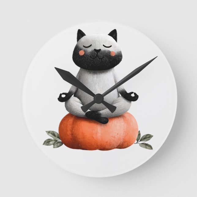 Horloge Ronde Chat d'Halloween sur le design Citrouille (Recto)