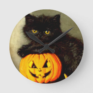 Horloge Ronde Chat d'Halloween vintage et lanterne Jack-o’