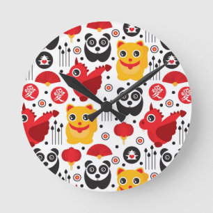 Horloge Ronde Chat, dragon et panda chanceux de Chine