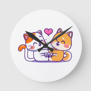 Horloge Ronde Chat et Shiba Inu