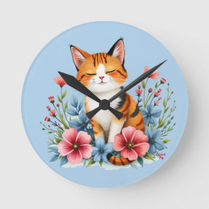 Horloge Ronde Chat Félin Floral Cottagecore Botanique