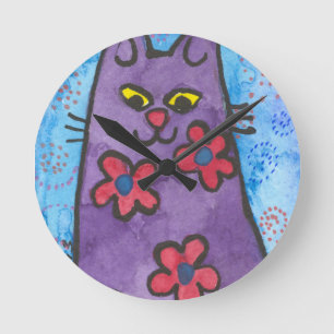 Horloge Ronde Chat fleuri pourpre d'amusement