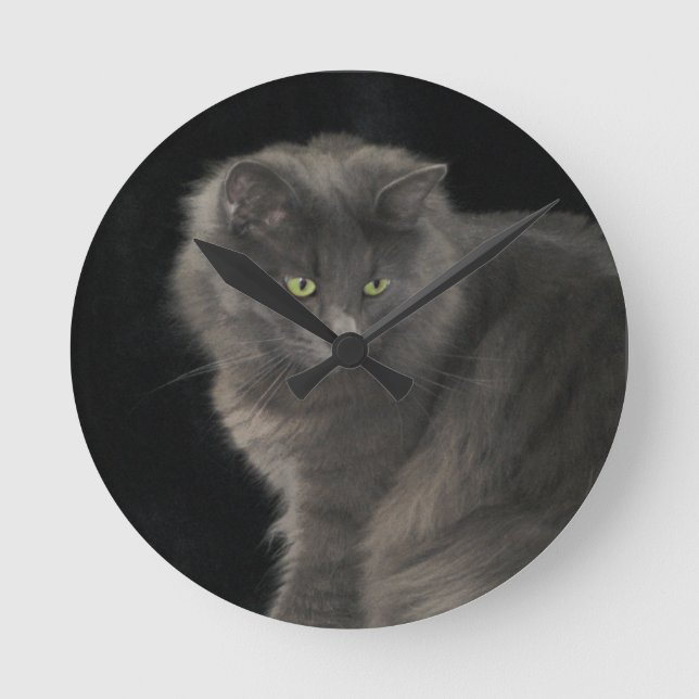 Horloge Ronde Chat gris Long Cheveux Russe Bleu Kitty Kitten Mig (Recto)