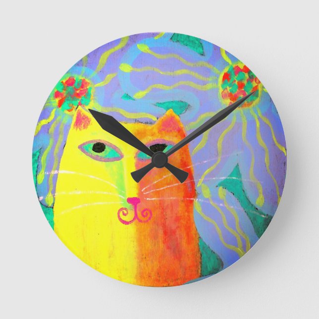 Horloge Ronde Chat jaune avec fleurs Art Abstrait (Recto)