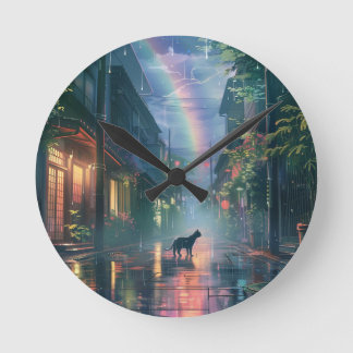 Horloge Ronde Chat marchant sous la pluie