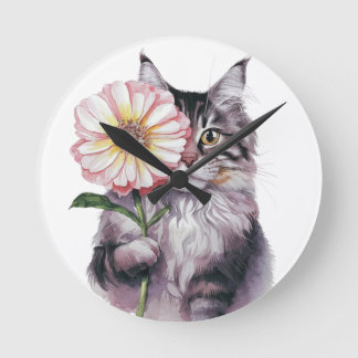Horloge Ronde Chat mignon avec grande fleur| Chat à coon Maine a