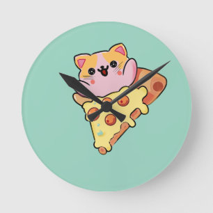 Horloge Ronde Chat Mignon Enlaçant une Pizza au Pepperoni Dessin