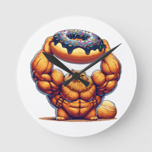 Horloge Ronde Chat Musclé qui Soulève un Beignet