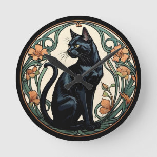 Horloge Ronde Chat noir Art Nouveau