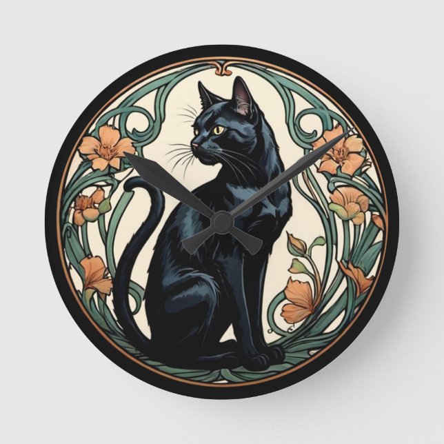 Horloge Ronde Chat noir Art Nouveau (Recto)