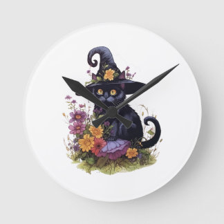 Horloge Ronde chat noir avec cowboy casquette avec fleurs