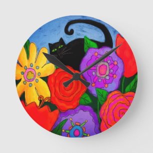 Horloge Ronde Chat noir dans l'art abstrait de jardin