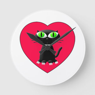 Horloge Ronde Chat noir dans le coeur rouge