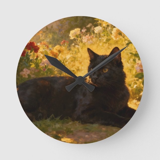 Horloge Ronde Chat noir dans les fleurs I (Recto)