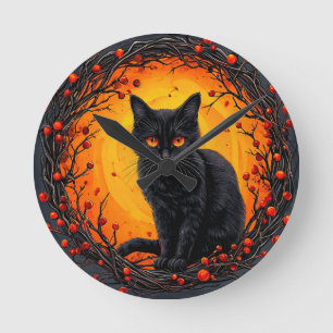 Horloge Ronde Chat noir d'Halloween aux yeux brillants