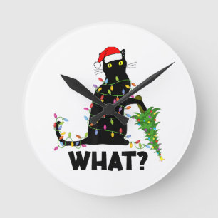 Horloge Ronde Chat Noir Drôle Poussant Arbre De Noël Sur Chat Ch