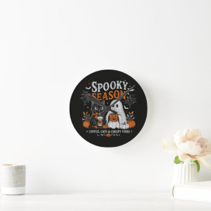Horloge Ronde Chat noir et fantôme amateur de café Halloween drô