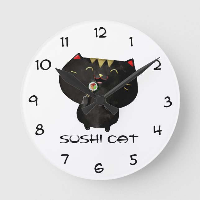 Horloge Ronde Chat noir mignon de sushi de Kawaii (Recto)