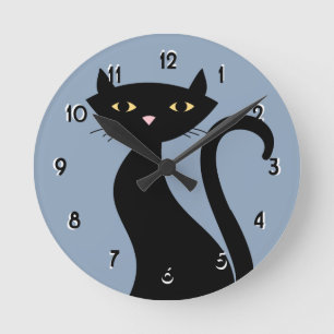 Horloge Ronde Chat noir rétro bleu
