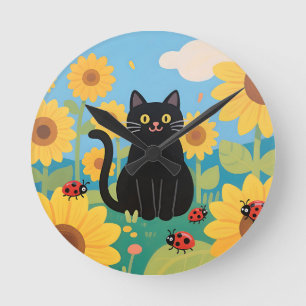Horloge Ronde Chat noir tournesols coccinelles