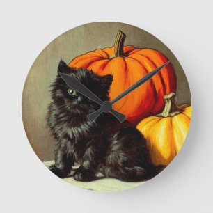 Horloge Ronde Chat noir vintage d'Halloween et Citrouilles