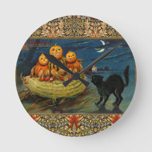 Horloge Ronde Chat noir vintage Halloween Citrouille