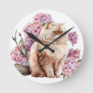 HORLOGE RONDE CHAT PERSIEN DE COULEUR D'EAU AVEC FLEURS ROSES