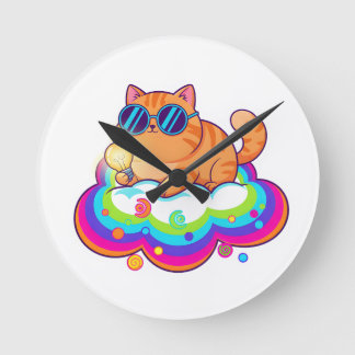 Horloge Ronde Chat roux cool avec lunettes de soleil Vibe Rétro